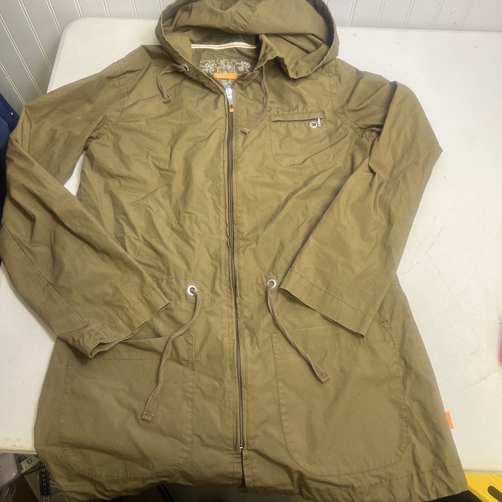 Lucy Womens Medium Zip Front Windbreaker Jacket Olive Green Hooded Pockets